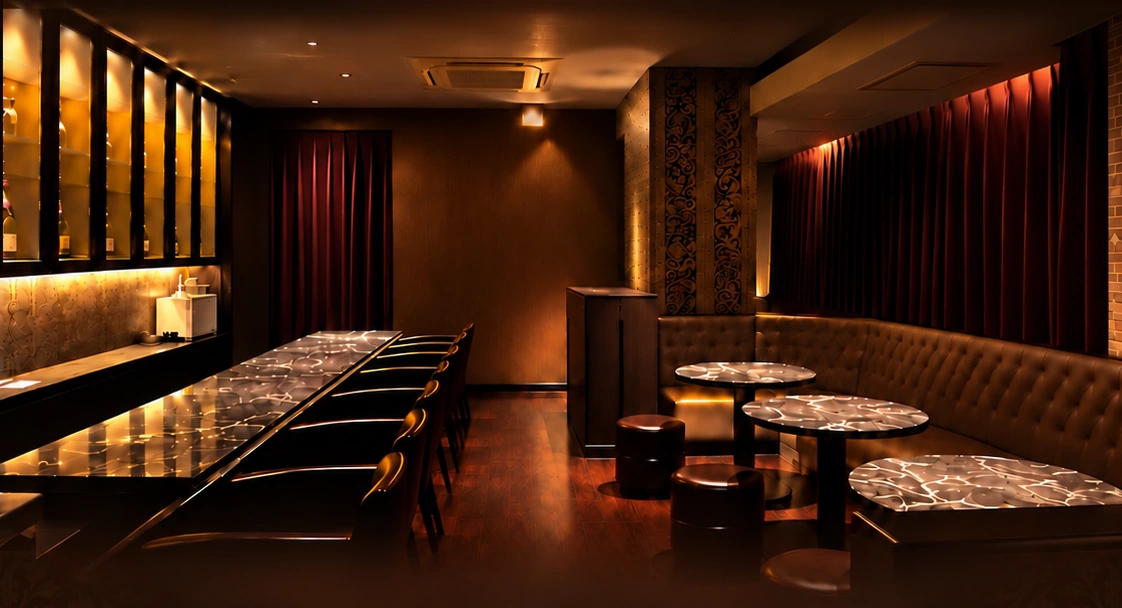 Lounge Havenの店内イメージ。木目の壁、大理石調のカウンター、ワインレッドのカーテン、ソファ席
